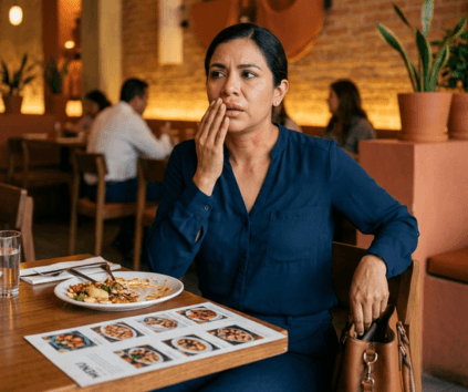 Mujer adulta con preocupación por alergia alimentaria frente a platillo en restaurante de Monterrey NL, diagnóstico con alergólogo especialista