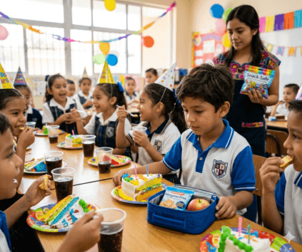 Niño con alergia alimentaria en fiesta escolar Monterrey con lonchera allergen-free mientras compañeros comen pastel, atención alergólogo pediátrico