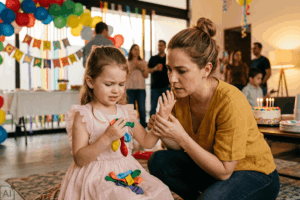 Niña con ronchas por reacción alérgica al látex de globos en fiesta de cumpleaños en Monterrey NL, madre preocupada examina brazo afectado