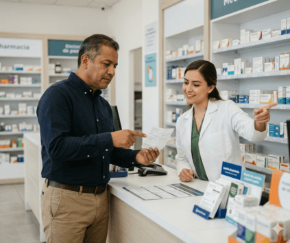 Hombre adulto con receta consultando a farmacéutica sobre alergia a medicamento en farmacia de Monterrey NL, orientación con alergólogo especialista