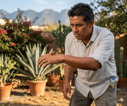 Hombre adulto con abeja posada en mano en jardín de Monterrey NL con sierra y cactus al fondo, riesgo de reacción alérgica, diagnóstico con alergólogo