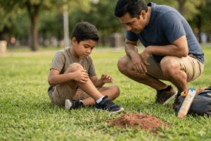 Alergia a picadura de insecto, Niño picado por hormiga junto a hormiguero en parque de Monterrey NL, padre revisando reacción alérgica en pierna con EpiPen visible en mochila