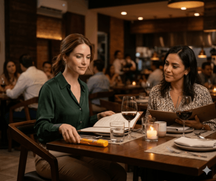Mujer con riesgo de anafilaxia revisando menú con EpiPen sobre mesa en restaurante de Monterrey NL acompañada de amiga, diagnóstico con alergólogo