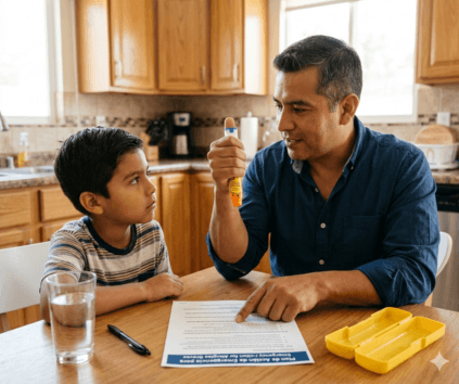 Padre enseñando a hijo el uso correcto del EpiPen con plan de acción de anafilaxia en español sobre mesa de cocina en Monterrey NL