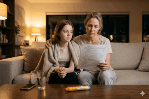 Madre e hija adolescente revisando plan de emergencia de anafilaxia con EpiPen sobre mesa en Monterrey NL, orientación con alergólogo especialista