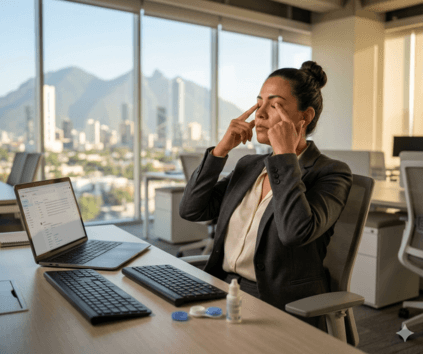 Mujer ejecutiva con conjuntivitis alérgica frotándose los ojos en oficina de Monterrey NL con skyline y Cerro de la Silla al fondo, gotas oculares en escritorio