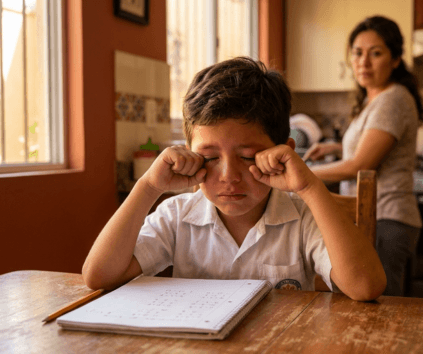 Niño con uniforme escolar y conjuntivitis alérgica frotándose ambos ojos sobre tarea en casa, madre al fondo, consulta alergólogo pediátrico Monterrey NL