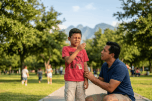 Niño con conjuntivitis alérgica frotándose el ojo en parque de Monterrey NL con Cerro de la Silla al fondo, padre preocupado, consulta alergólogo