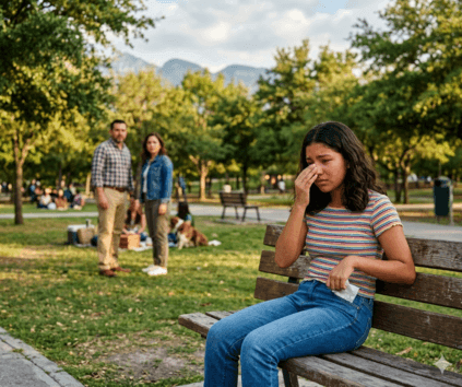 Joven con síntomas de rinitis alérgica y ojos irritados en parque de Monterrey NL con Cerro de la Silla al fondo, consulta alergólogo