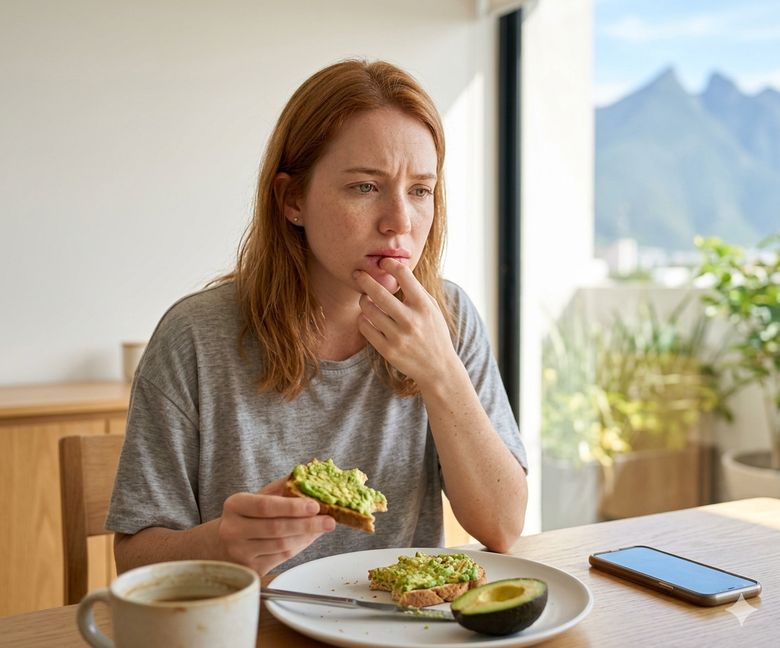 Mujer con reacción alérgica en labios tras comer aguacate en Monterrey NL con Cerro de la Silla al fondo, síndrome látex-fruta, diagnóstico con alergólogo