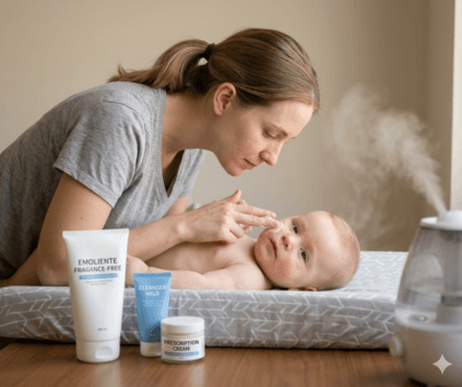 Madre con dermatitis atópica aplicando crema emoliente a bebé con eccema en cambiador de Monterrey NL con humidificador y productos en español al fondo