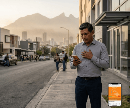 Hombre adulto con asma revisando app de calidad del aire con índice 100 POOR en calle de Monterrey NL con Cerro de la Silla cubierto de contaminación al fondo