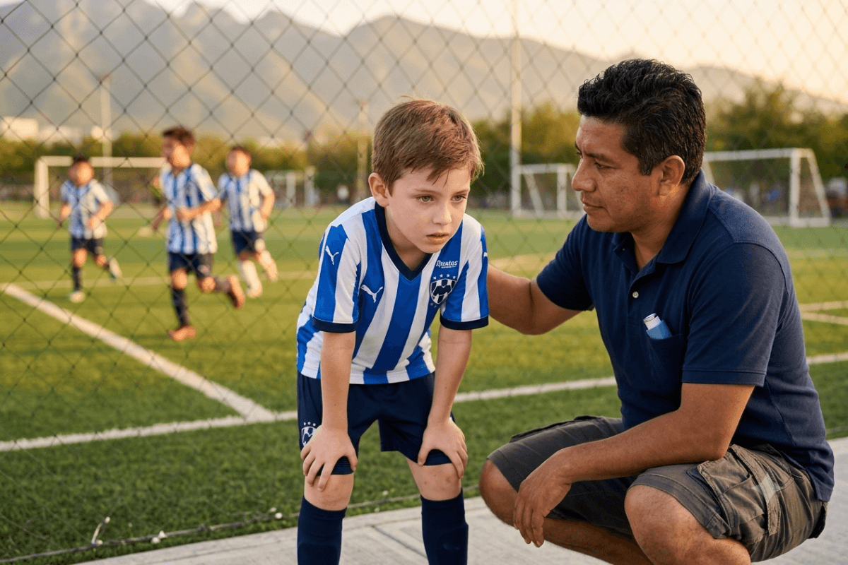 Niño con asma por ejercicio en uniforme de Rayados de Monterrey encorvado con disnea en cancha, padre con inhalador azul y sierra regiomontana al fondo