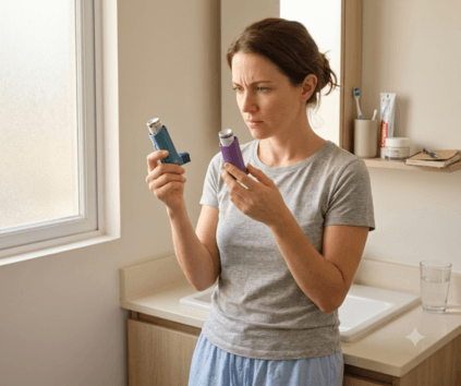 Mujer adulta confundida comparando inhalador azul de rescate e inhalador morado controlador de asma en baño de Monterrey NL, orientación con alergólogo especialista