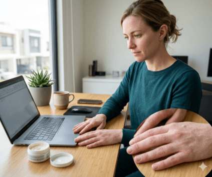 Mujer adulta con dermatitis atópica en manos trabajando en laptop en Monterrey NL con close-up de piel agrietada en dedos y crema sobre escritorio