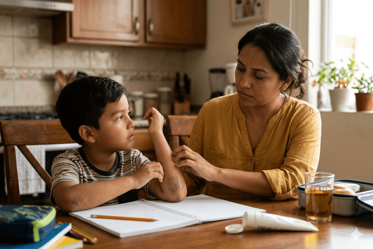 Niño mostrando piel con dermatitis atópica en codo a madre en cocina de Monterrey NL con crema tópica sobre mesa, diagnóstico con alergólogo pediátrico