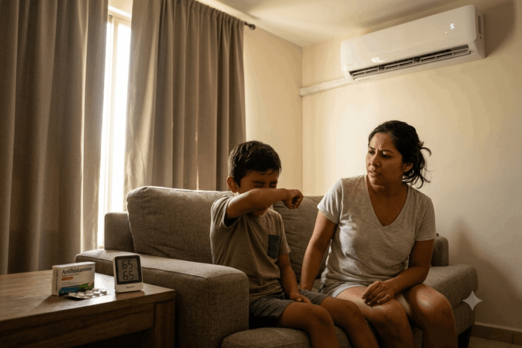 Niño con rinitis alérgica estornudando en sala con aire acondicionado encendido y humedad 65% en Monterrey NL, caja de antihistamínico sobre mesa, madre preocupada