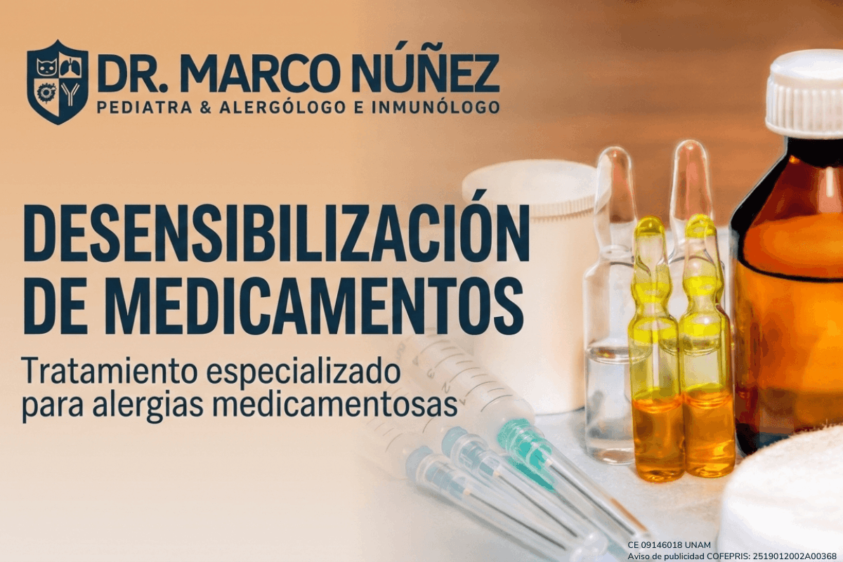 Dr. Marco Núñez Pediatra Alergólogo e Inmunólogo en Monterrey NL ofrece desensibilización de medicamentos para alergias medicamentosas, certificación