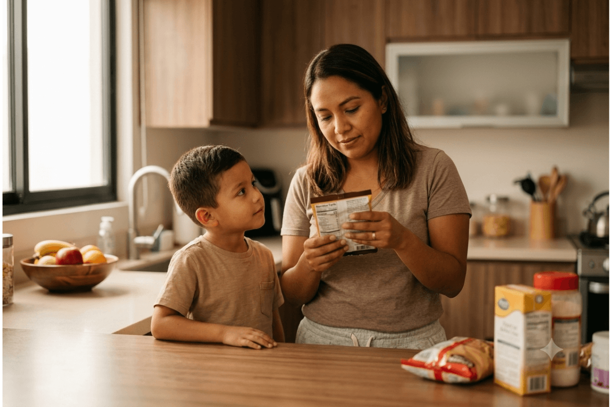 Madre revisando etiqueta de ingredientes y alérgenos de alimento empacado junto a su hijo en cocina de Monterrey NL, inmunoterapia para alergias alimentarias con alergólogo pediátrico