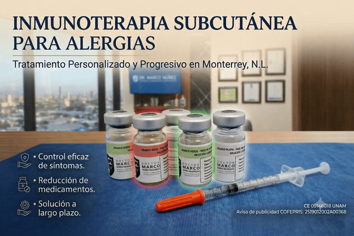 Frascos de inmunoterapia subcutánea personalizados Doctor Marco Núñez con diluciones progresivas para alergias en Monterrey NL,