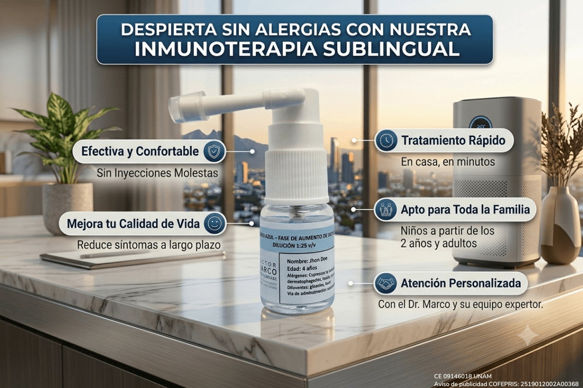 Frasco de inmunoterapia sublingual personalizado Doctor Marco Núñez con alérgenos específicos en Monterrey NL, skyline al fondo, sin inyecciones, apto desde 2 años