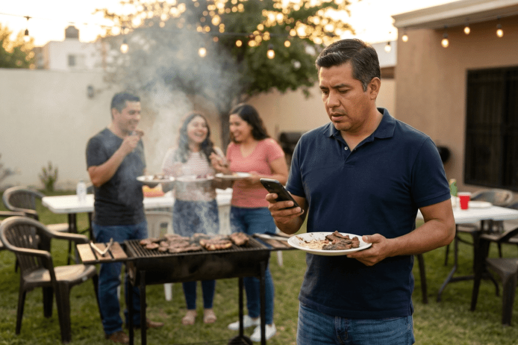 Hombre con síndrome alfa-gal y alergia a la carne roja sosteniendo plato de asado con preocupación en reunión familiar de Monterrey NL, consulta con alergólogo especialista