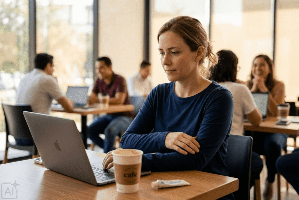 Mujer buscando alergólogo en Monterrey NL desde su laptop en cafetería, agendando consulta online con especialista en alergias e inmunología