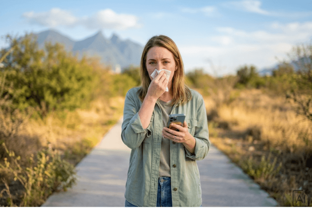 Mujer con rinitis alérgica sonándose la nariz en sendero natural de Monterrey NL con Cerro de la Silla al fondo, ojos llorosos por alergia al polen, celular en mano